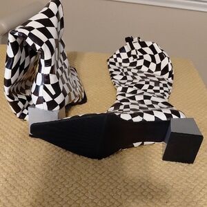 Black & White Checkerboard Mid-Calf Heeled Boots